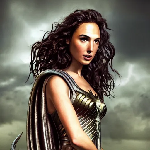 Image similar to Full body photo of the beautiful woman Gal Gadot as Medusa the greek goddess, she is looking straight to the camera, she has a glow coming from her, she is getting illuminated for rays of light, behind her is a scary atmosphere, the photo was taking by Annie Leibovitz, matte painting, oil painting, naturalism, 4k, 8k