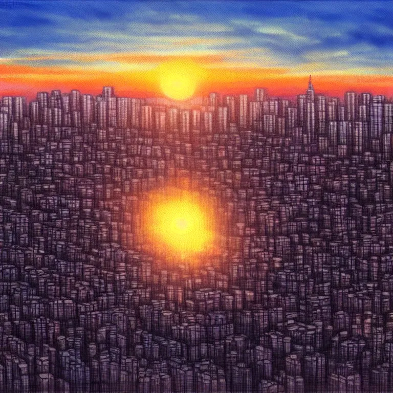 Image similar to birdseye view of a sunrise over a city, art by wain louis