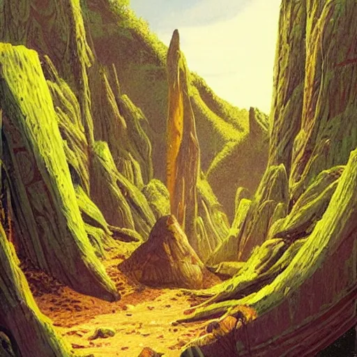 Image similar to beautiful illustration of a lush natural scene on an alien planet by vincent di fate. science fiction. extremely detailed. beautiful landscape. weird vegetation. cliffs and water.