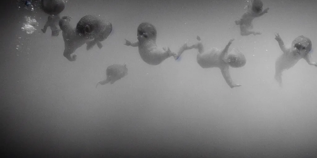 Prompt: underwater ghost babies reaching toward the surface, horror movie, terrifying, night