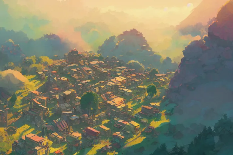 Image similar to abandoned steam punk village on a mountain look from above, fogged in the colorful clouds style of makoto shinkai studio ghibli, james gilleard greg rutkowski chiho aoshima, rule of thirds golden ratio, fake detail, trending pixiv fanbox