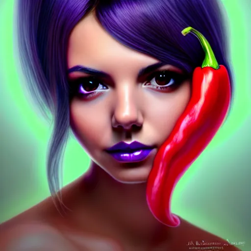 Image similar to half victoria justice half bell pepper creature, by artgerm, wlop. vastly enriched image quality. lucidly vivid. iridescentally detailed. extremely elegant and beautiful.