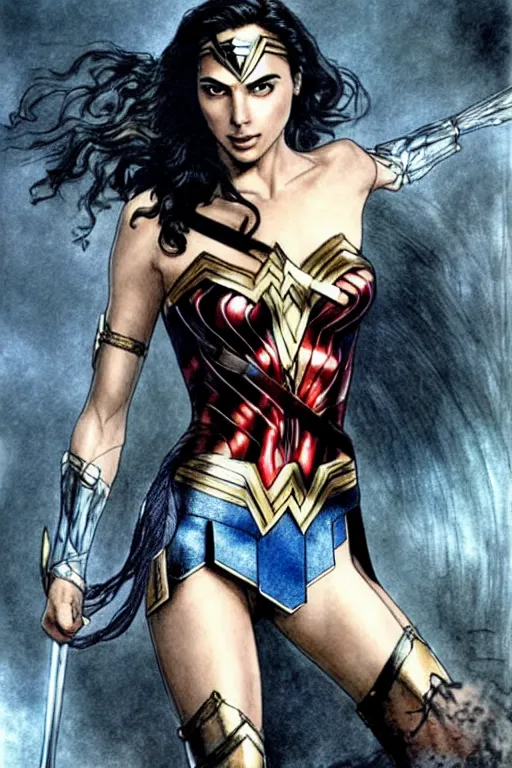 Image similar to Gal Gadot as Wonder Woman with athletic body, illustration by Luis Royo