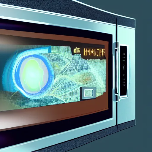 Prompt: a microwave with a tv screen covered in static, intricate, highly detailed, digital painting, artstation, concept art, smooth, sharp focus, illustration, unreal engine 5, 8 k