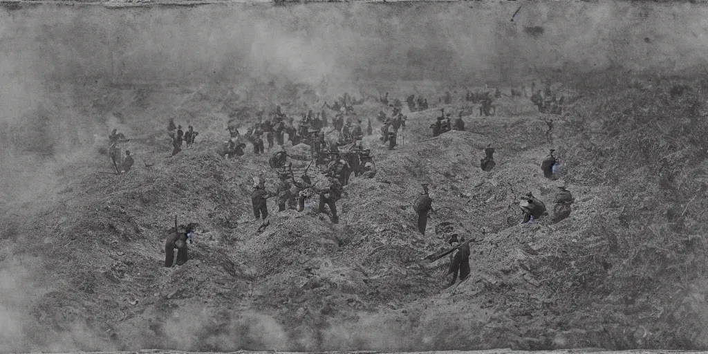 Image similar to american civil war trench battle, long wide trenches in the ground, tiny puffs of smoke, aerial view, tintype photograph