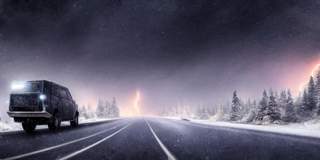 Image similar to snowy mountain road at night, lightning sky lit up with cosmic radiation, style of greg rutkowski, ominous creatures on the road, 8 k resolution, highly detailed illustration,