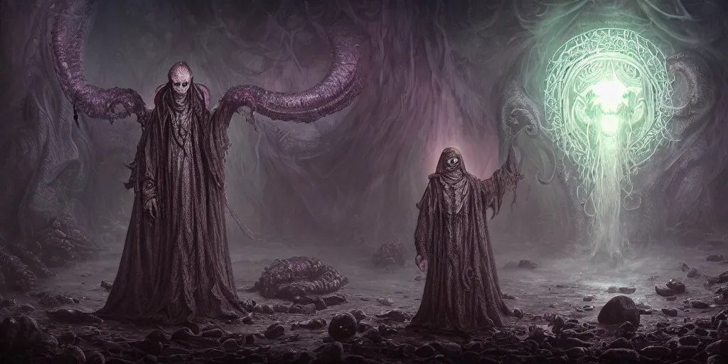 Image similar to ! dream 4 k photorealistic matte painting photography of circle group of necromancer priest in an invoking ritual in front of a viscosity cthulhu within a lovecraft portal, wide - angle portrait, atmospheric lighting, rich deep colors masterpiece, fractal crystals, fantasy portrait by tom bagshaw