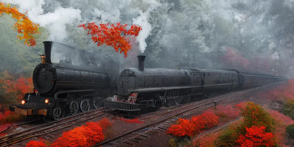 Image similar to A mysterious Hogwarts train in autumn arrives at a station. The leaves on the trees are changing color and falling to the ground. The air is cool and crisp. The train is long and black, and steam is coming out of the engine. The station is busy with people coming and going. by Alejandro Burdisio, Andreas Rocha, Tuomas Korpi, immaculate scale, hyper-realistic, Unreal Engine, Octane Render, digital art, trending on Artstation, 8k, detailed, atmospheric, immaculate