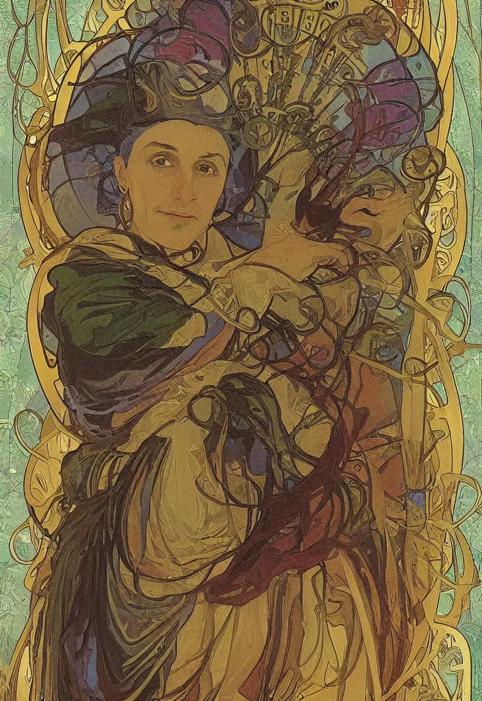 Image similar to Jurgen Schmidhuber on a tarot card, tarot in art style by Alphonse Mucha