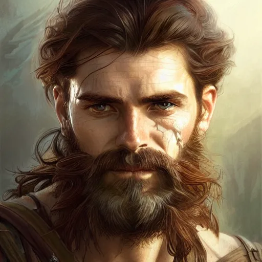 Image similar to Portrait of rugged male ranger, D&D, amber eyes, scars, long hair, long beard muscular, fantasy, intricate, elegant, highly detailed, digital painting, artstation, concept art, smooth, sharp focus, illustration, art by artgerm and greg rutkowski and alphonse mucha