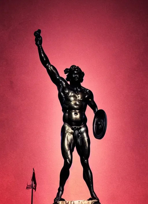 Image similar to black background, statue of hercules, thin red lines, dark, thin lines, neo vaporwave, poster art, trending on artstation