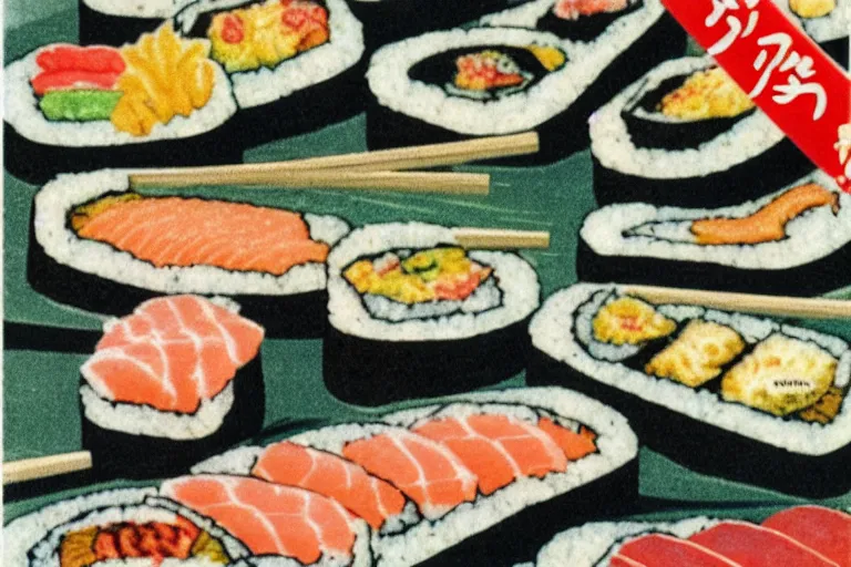 Image similar to sushi advertisment, still life, 1 9 7 0 s japan shouwa advertisement, print, nostalgic