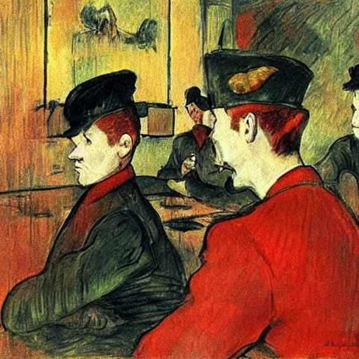 Prompt: red berets soldiers inside of a pub, painting by toulouse - lautrec, cinematic, award winning