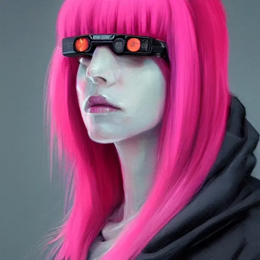 Prompt: Portrait of a woman by Greg Rutkowski, symmetrical face, a girl withj neon pink bob hair using a VR Headset, Kubric Stare, crooked smile, she's wearing an oversized hoodie, highly detailed portrait, scifi, digital painting, artstation, book cover, cyberpunk, concept art, smooth, sharp foccus ilustration, Artstation HQ