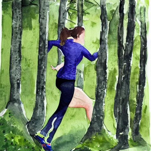 Prompt: a female orienteer wearing a green long - sleeved shirt and black tights runs in the forest, watercolor on canvas.