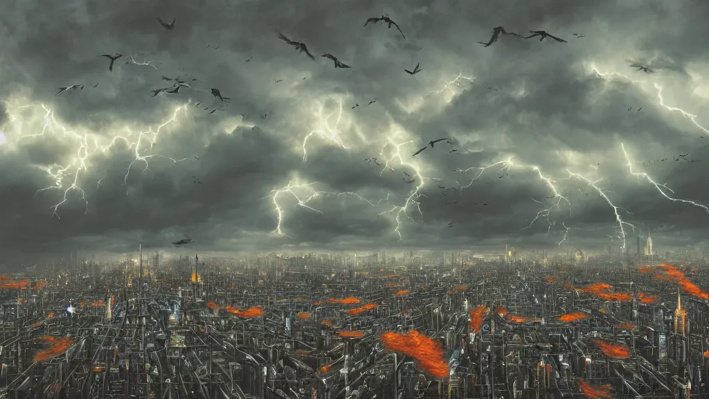 Image similar to a cinematic cityscape photograph of a dystopian future, flock of birds in the sky, a fiery cyber dragon flys in the sky, thunder and lightning, lee madgwick