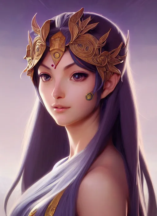 Prompt: portrait from left, head and body only, palutena, piercing eyes, concept art, digital illustration, by rossdraws, frank franzzeta, intricate, masterpiece, elegant, hyper detailed, artstation, unreal engine rendered, concept art, smooth, sharp focus, illustration, art by artgerm and greg rutkowski and alphonse mucha and garis edelweiss