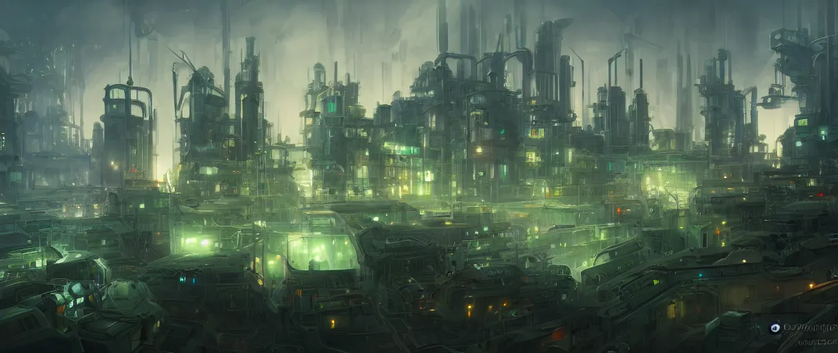 Prompt: futuristic city of factories, concept art, digital painting, style of jordan grimmer, dark green lighting, futuristic, volumetric lighting, view from below, symmetrical, vivid colours, bright, daytime, godrays