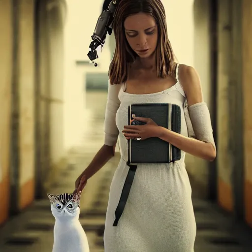 Image similar to a beautiful woman wearing a travel outfit walks down a white corridor with a robot cat in her handbag by olivia malone, long hair, amazingly detailed, fantastic detailed eyes, pretty face, aged 2 5, swedish, photo realistic, photograph, 3 5 mm, octane render, trending on artstation