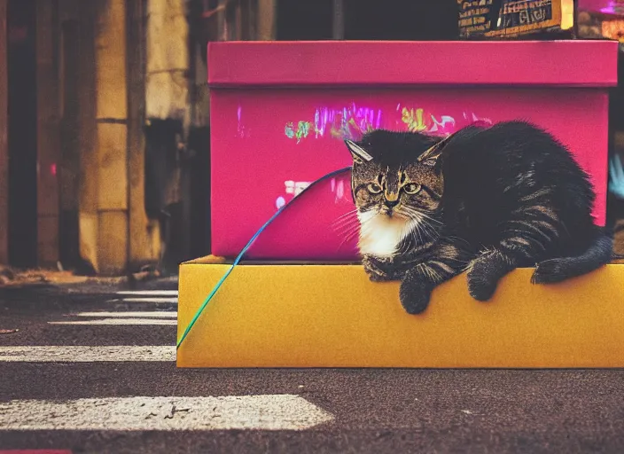 Image similar to photography of a Cat sitting on a box. in a cyberpunk street, award winning photo, saturated, colored, colors, 100mm, sharp, high res