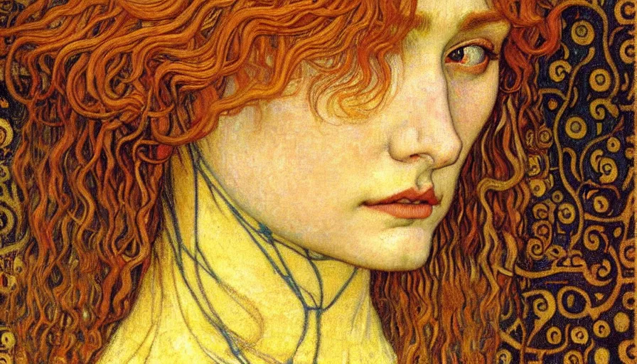 Image similar to detailed realistic beautiful young medieval queen face portrait by jean delville, gustav klimt and vincent van gogh, art nouveau, symbolist, visionary, gothic, pre - raphaelite, muted earthy colors, desaturated