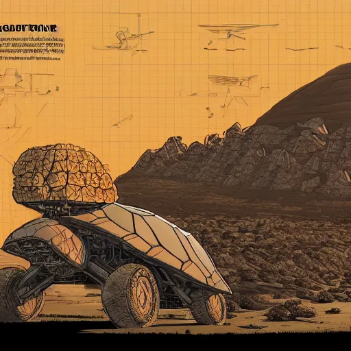 Prompt: gigantic colossal tortoise in the desert below pyramid ziggurat highly detailed concept art schematic, Laurie Greasley