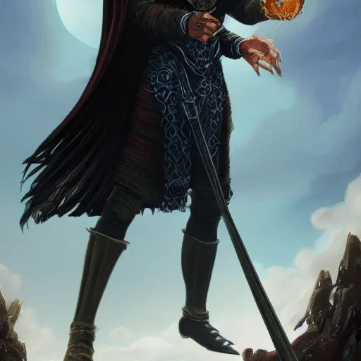 Image similar to Meneldas the Magnificent, a proud wizard with a raven familiar, 8k resolution, full-length portrait, digital painting, fantasy illustration by Brom, D&D Dark Sun character art