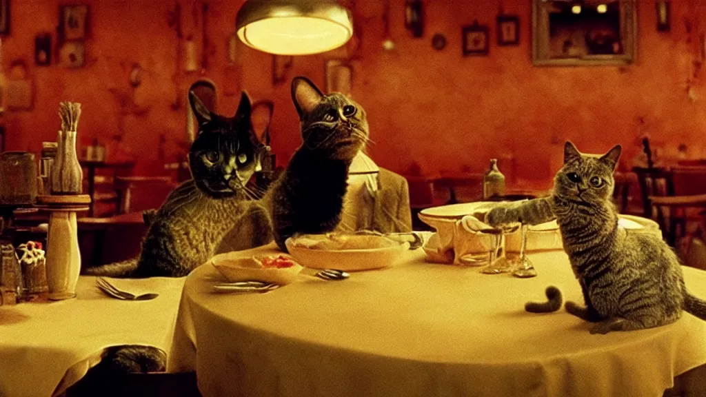 Image similar to the strange cat, works at a restaurant, film still from the movie directed by denis villeneuve and david cronenberg with art direction by salvador dali and zdzisław beksinski, wide lens