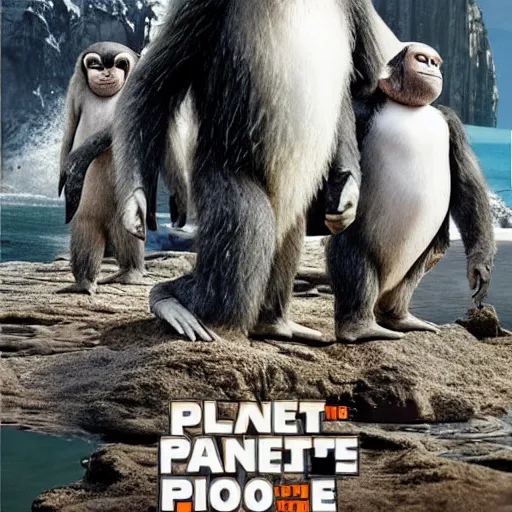 Image similar to planet of the apes but the apes are replaced with robot penguins 4k realistic intricate