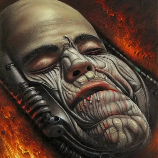 Image similar to joe rogan sleeping by H. R. Giger trending on artstation, detailed art, oil painting, high fantasy, horror, science fiction