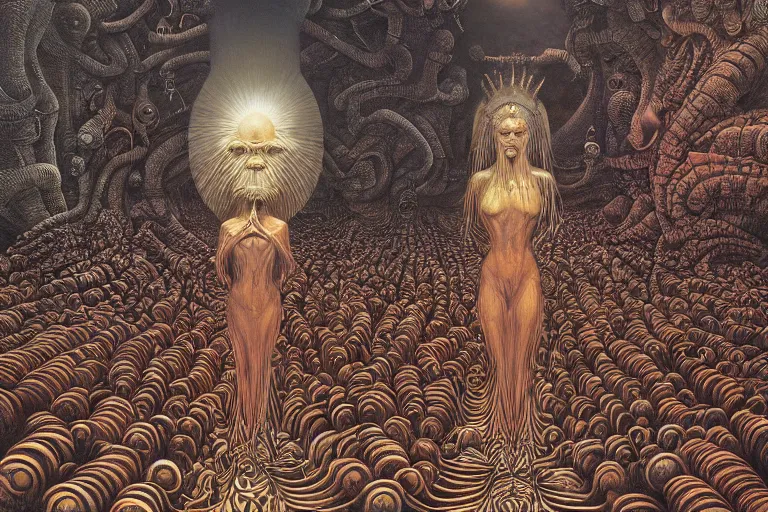 Image similar to THE QUEEN OF THE SUN by jacek yerka, alex gray, zdzisław beksiński, dariusz zawadzki, jeffrey smith and h.r. giger, oil on canvas, 8k highly professionally detailed, trending on artstation