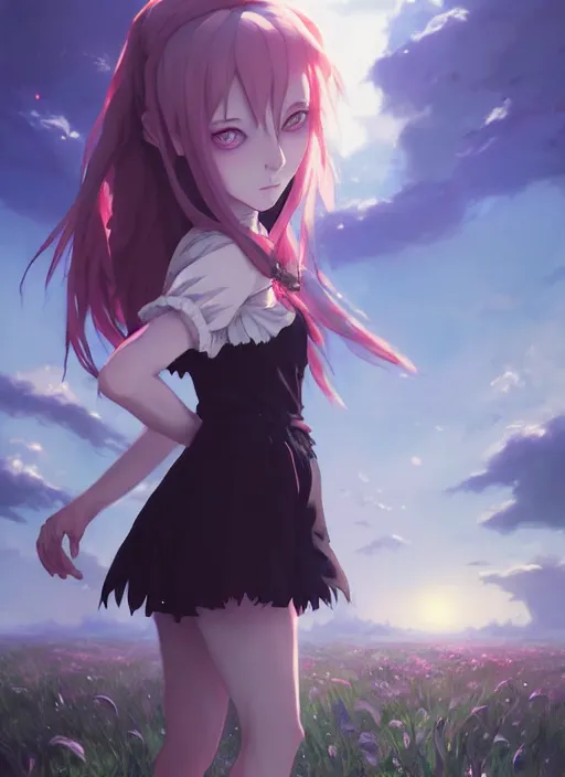 Image similar to portrait of gothic alice from wonderland, cloudy sky background lush landscape illustration concept art anime key visual trending pixiv fanbox by wlop and greg rutkowski and makoto shinkai and studio ghibli