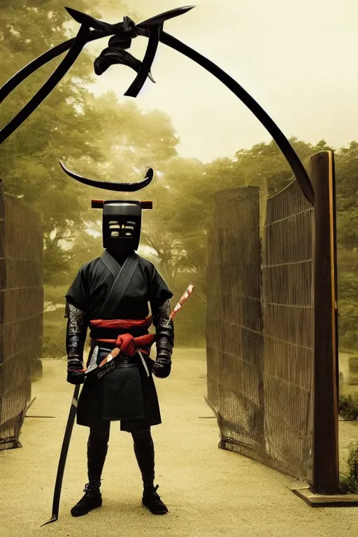 Prompt: a godlike and indomitable helmeted and masked samurai posing with their realistic detailed katana and wakizashi under an enormous Torii gate. Giant dragon coming up in background. Badass pose. Photo realistic. Gregory Crewdson. Award winning. Masterpiece, exquisite detail, post processing