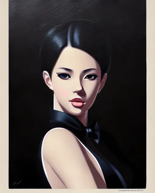 Image similar to a ultradetailed beautiful portrait panting of a stylish woman wearing a black tuxedo, oil painting, by ilya kuvshinov, greg rutkowski and makoto shinkai, trending on artstation