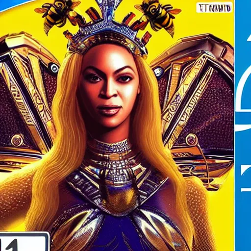 Image similar to video game box art of a ps 4 game called beyonce's queen bee attack, 4 k, highly detailed cover art.