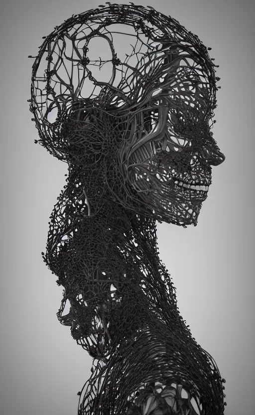 Image similar to black and white complex 3d render of a beautiful profile woman face, vegetal dragon cyborg, 150 mm, silver magnolia stems, roots, fine lace, maze like, mandelbot fractal, anatomical, facial muscles, cable wires, microchip, elegant, highly detailed, black metalic armour, rim light, octane render, H.R. Giger style