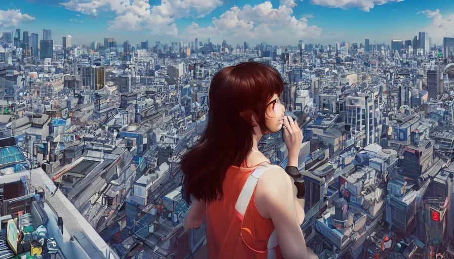 Prompt: Girl admiring Tokyo from the roof of a building, hyperdetailed, artstation, cgsociety, 8k