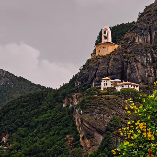 Image similar to a monastery on the rocks of a mountain, like the name of the rose