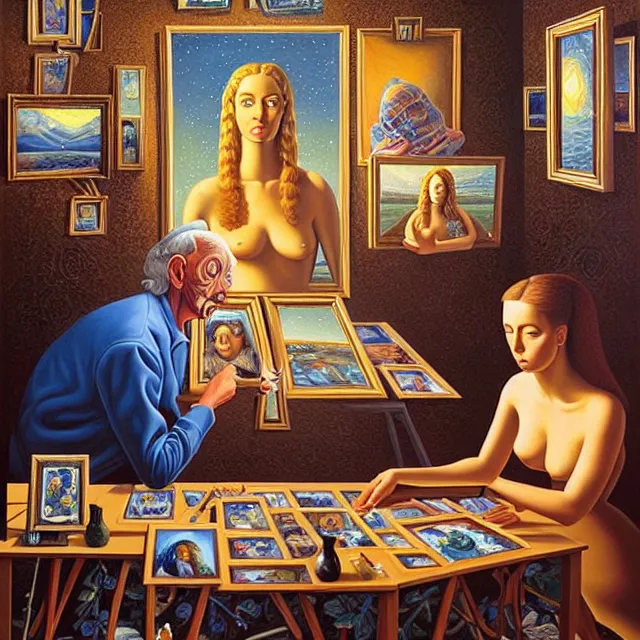 Prompt: an oil on canvas portrait of a man painting a portrait of a beautiful woman surrounded by portrait paintings, surrealism, surrealist, cosmic horror, rob gonsalves, high detail