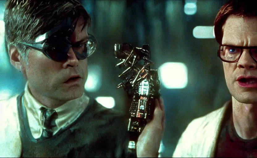 Prompt: a still of cyborg Dwight Schrute in Blade Runner (1987), cinestill 800t,