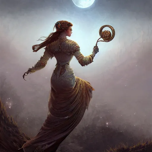 Image similar to detailed full body retro fantasy moon ultra detailed 4k digital painting, artstation, concept art, soft light, hdri, smooth, sharp focus, illustration, fantasy, intricate, elegant, highly detailed, D&D, matte painting, in the style of Greg Rutkowski and Alphonse Mucha and artemisia, 8k, highly detailed, jurgens, rutkowski, bouguereau, pastoral, rustic, georgic