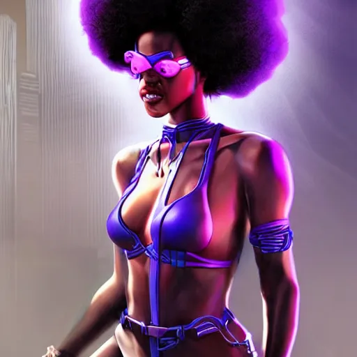 Image similar to cyberpunk black woman with afro hair, corcovado on the background, blue and purple digital art trending on artstation, atmospheric lighting, artgerm