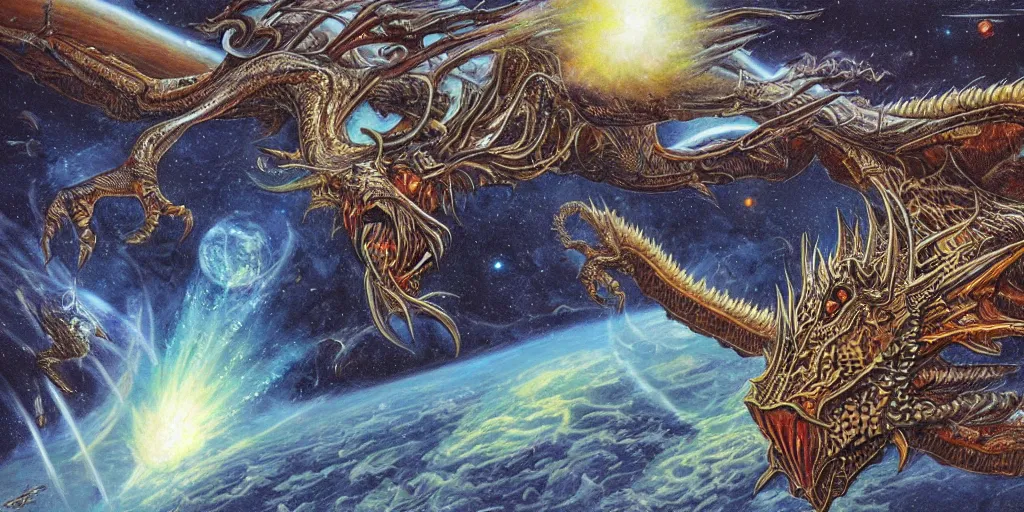 Image similar to an alien dragon flying in outer space, Dan Seagrave art