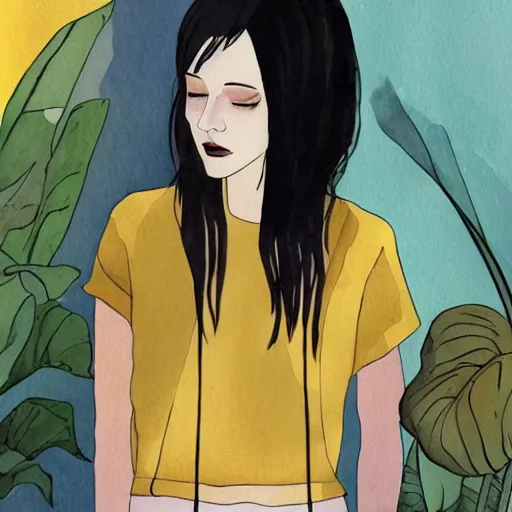 Image similar to a room full of beautiful house plants and a pretty woman with pale skin, long black hair with bangs, wearing shorts and t shirt, abstract, golden light, beautiful watercolor art trending on artstation