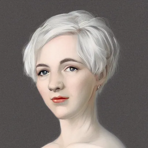 Prompt: portrait of a woman with short white hair, medium shot, illustration, highly detailed, high quality, by james webb