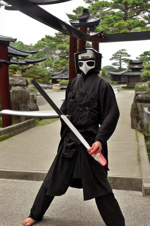 Prompt: a godlike and indomitable helmeted and masked samurai posing with their realistic detailed katana and wakizashi under an enormous Torii gate, the Japanese rising sun in the background. Badass pose. Photo realistic. Award winning