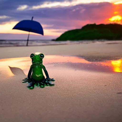 Image similar to frog sitting on the beach with an umbrella next to him, watching a beautiful sunrise, photograph