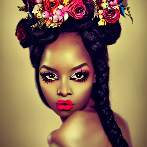 Prompt: portrait of a black woman inspired by Natalie Shau, Anna dittmann,flower crown, pretty makeup, French braids,cinematic