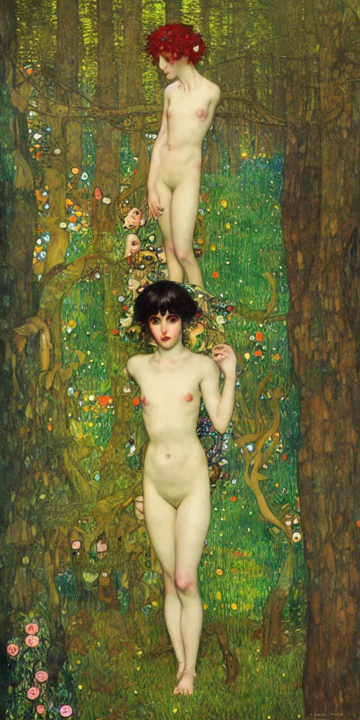 Image similar to Princess Mononoke, lush fairy forest, painted by gustav klimt, tom bagshaw, norman rockwell, mucha, james gurney, denoised, sharp