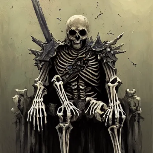 Image similar to Skeleton King, undead knight, resting on his throne, oil painting, by Greg Rutkowski